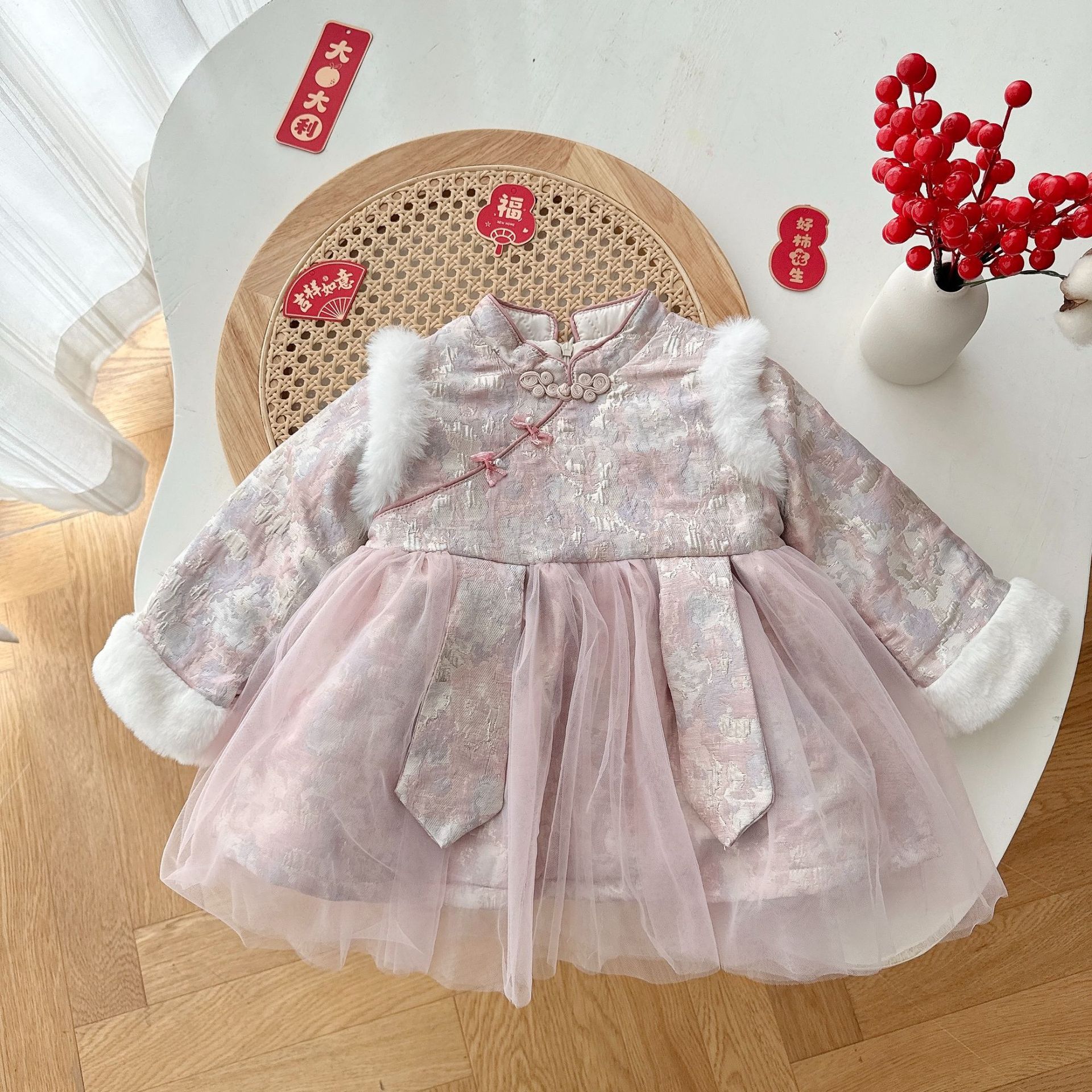 女童夹棉拜年服加绒a类洋气宝宝斜襟加厚连衣裙儿童裙子潮