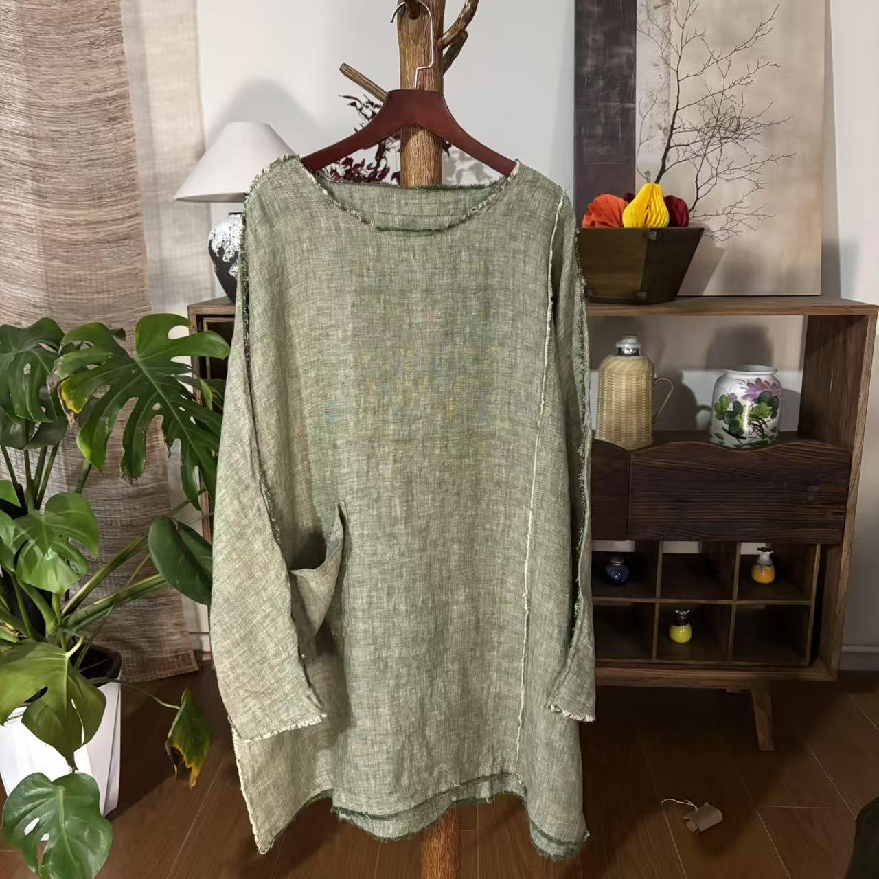 【大梅子推荐】设计款色织亚麻毛边袍子X2288A