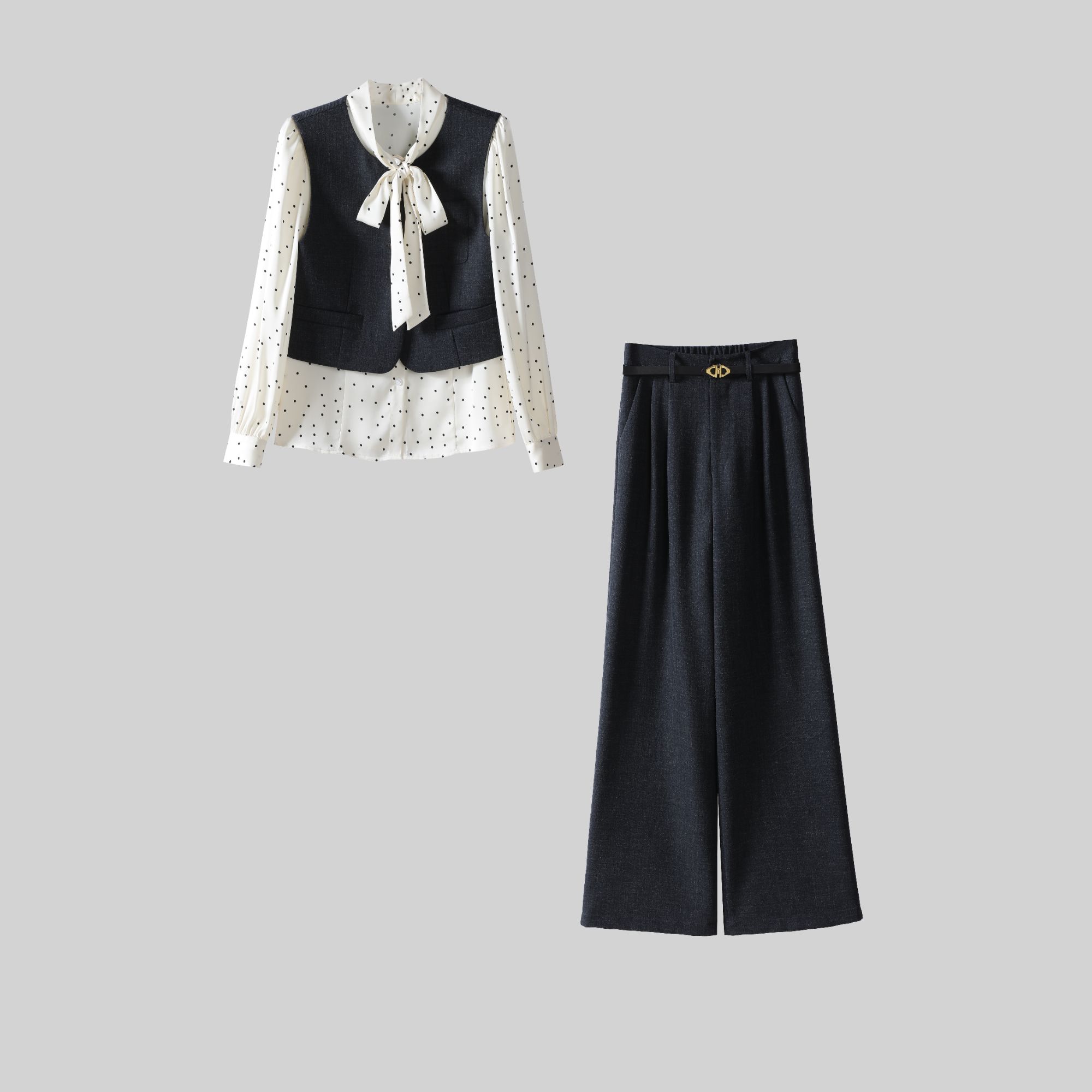 【纪朵研】F0317法式时尚套装波点系带衬衣休闲风马甲阔腿裤三件套