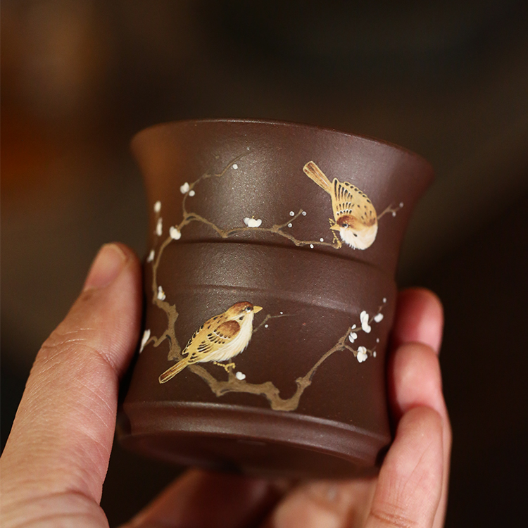 杯研所 | 腊梅双鹊 老紫泥 80c 束腰杯 宋画泥绘千年风雅  闻香杯