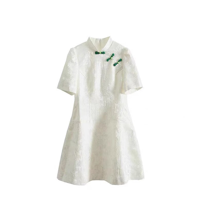 春季新款提花国风旗袍裙撞色盘扣高腰修身百搭蕾丝连衣裙女