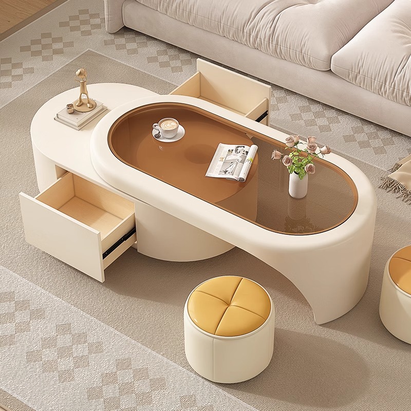 茶几客厅家用实木新款奶油风小户型简约可折叠钢化玻璃茶桌组合