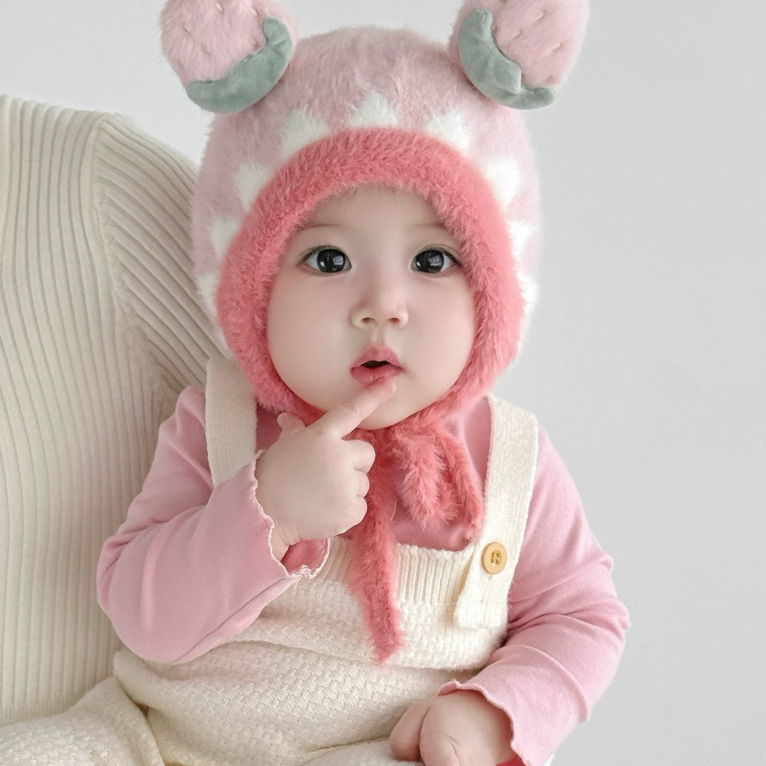 儿童帽子秋冬季保暖加厚针织毛绒帽男孩女宝宝可爱卡通护耳毛线帽