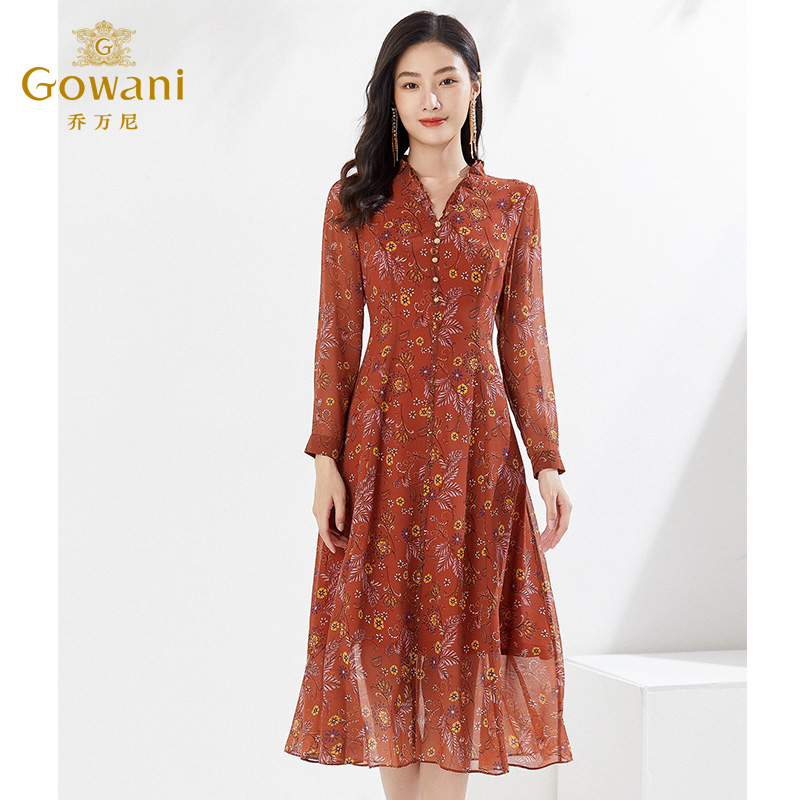 乔万尼秋装新款连衣裙印花V领收腰显瘦商场同款EI3E239201