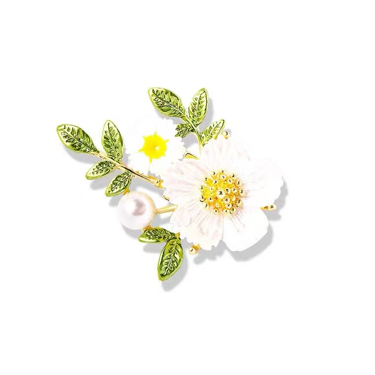 锌合金仿珍珠胸针 高档优雅花朵日韩植物花卉甜美风胸针时尚百搭