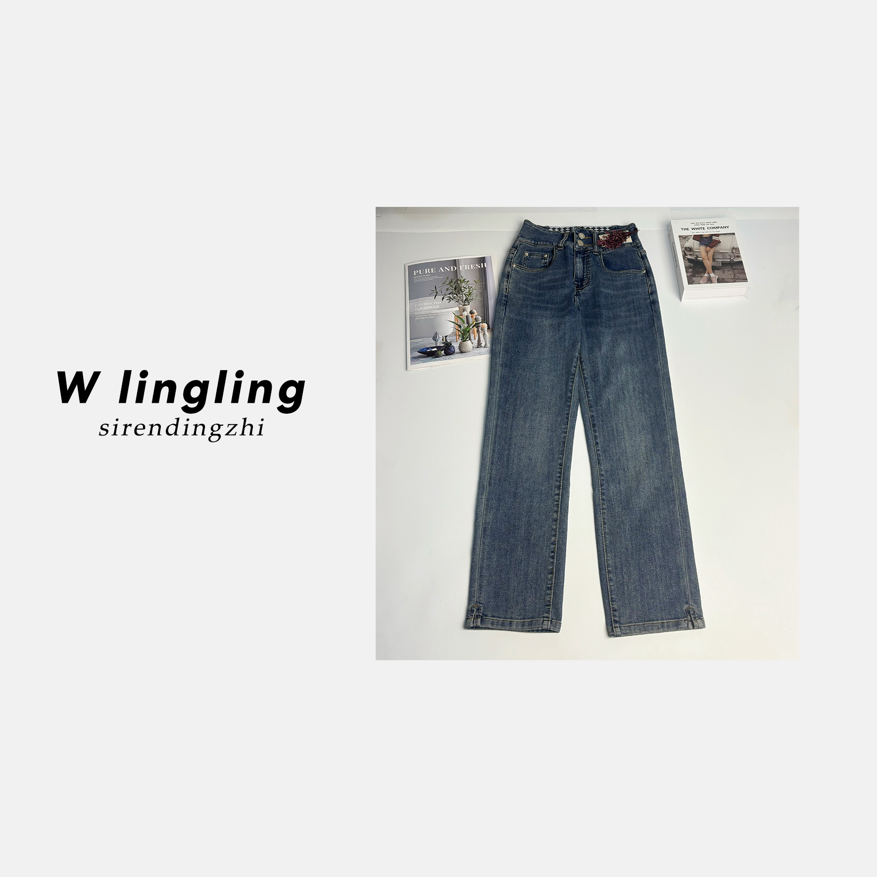 玲姐定制-高腰复古牛仔裤窄版显瘦松紧带拼接腰直筒裤174817