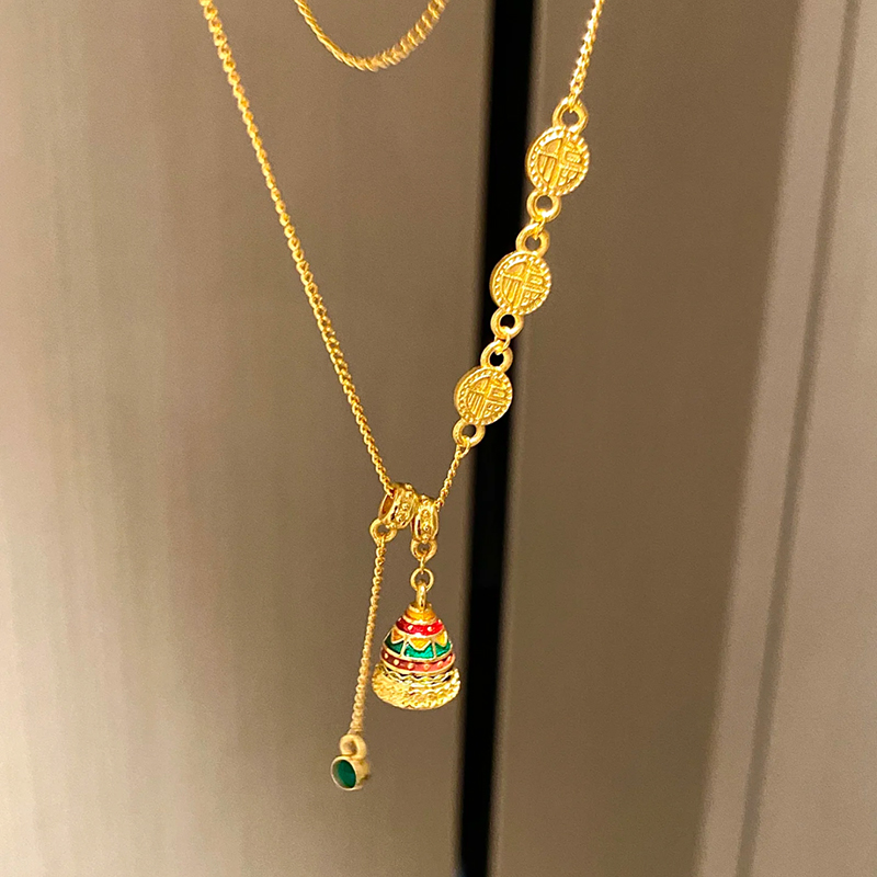 铜合金项链 新中式福牌许愿塔珐琅项链女称心如意锁骨链轻奢配饰