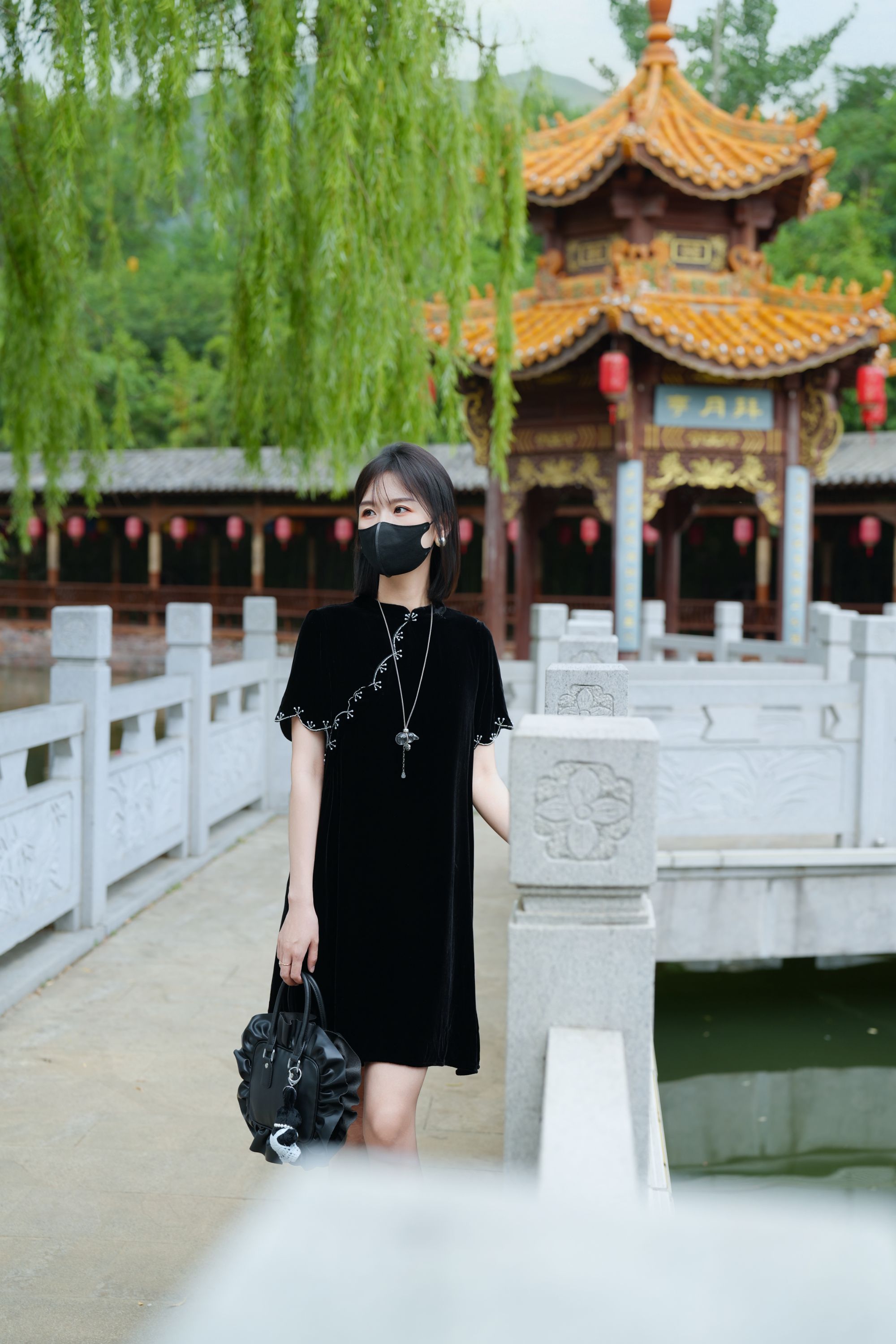 【国庆福利】流光 手工钉珠真丝丝绒中长款优雅连衣裙  JX-5122