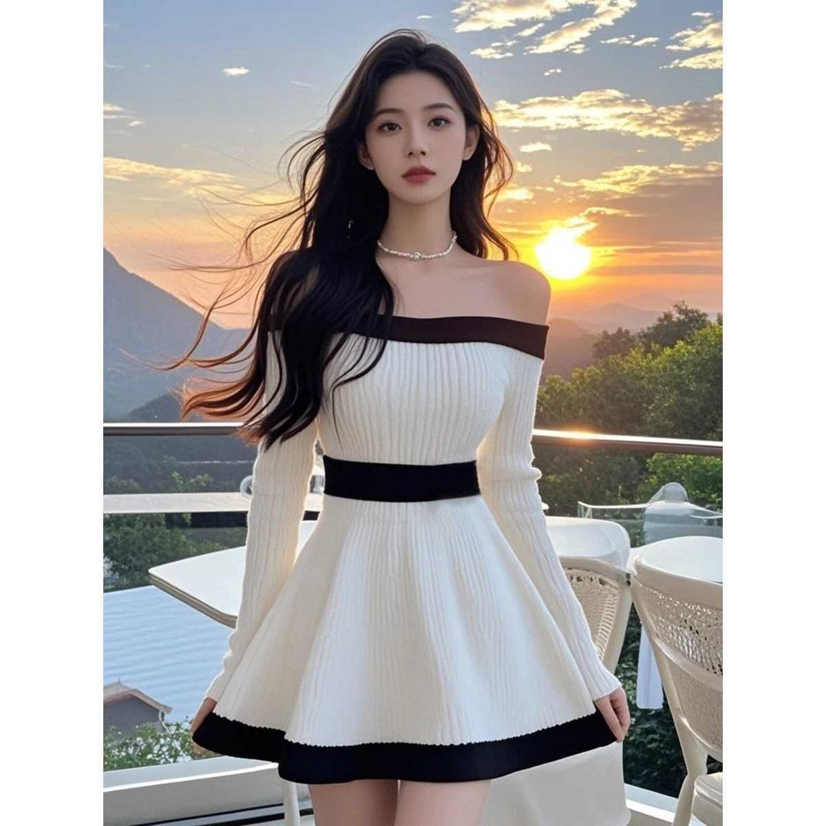 欧版连衣裙温柔风法式黑白撞色收腰设计高级感露肩一字领长袖显瘦