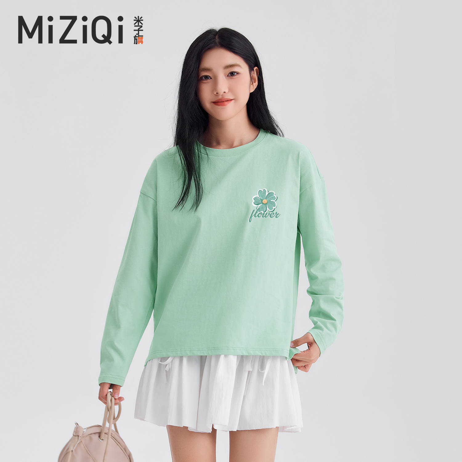 纯棉t恤女长袖春季2025新款爆款下摆开叉宽松内搭休闲绿色上衣薄