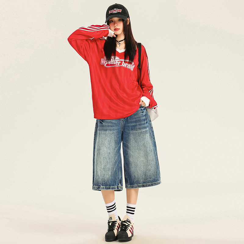 Busrr复古水洗蓝七分牛仔短裤2025春夏新款闪电纹宽松阔腿直筒裤