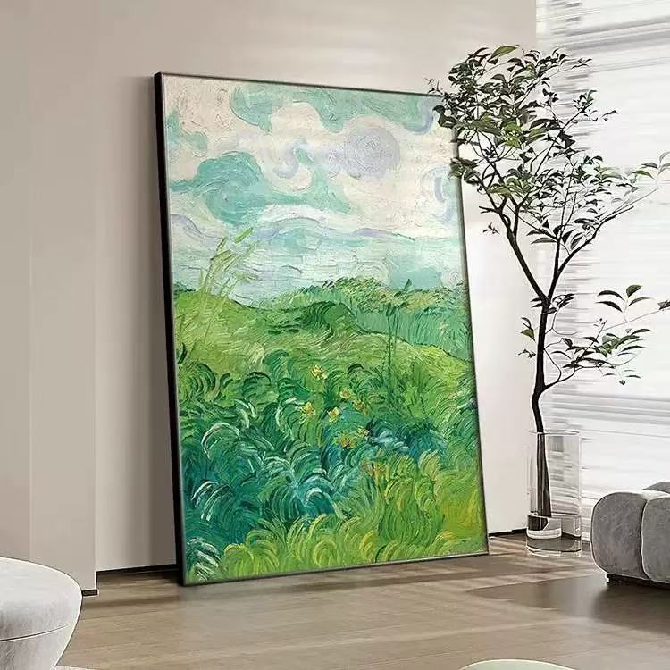 梵高绿色麦田沙发背景墙落地摆画玄关挂画名画80120
