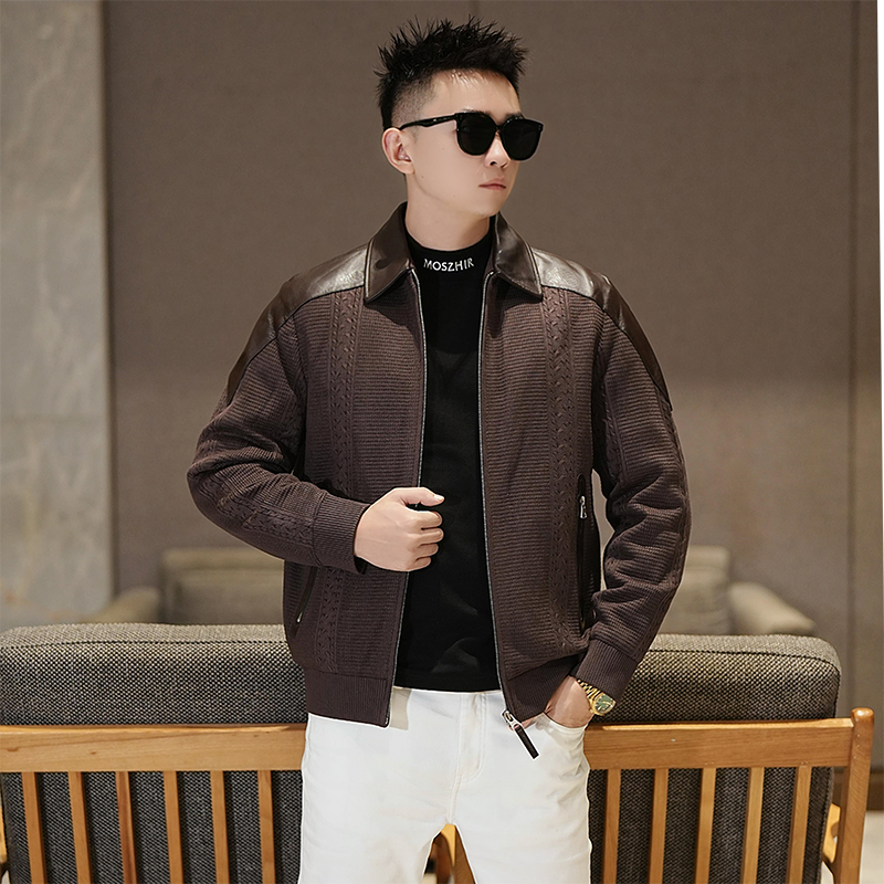 【手工针织皮羽绒】冬季新款轻奢真皮羽绒夹克潮流百搭白鸭绒外套男