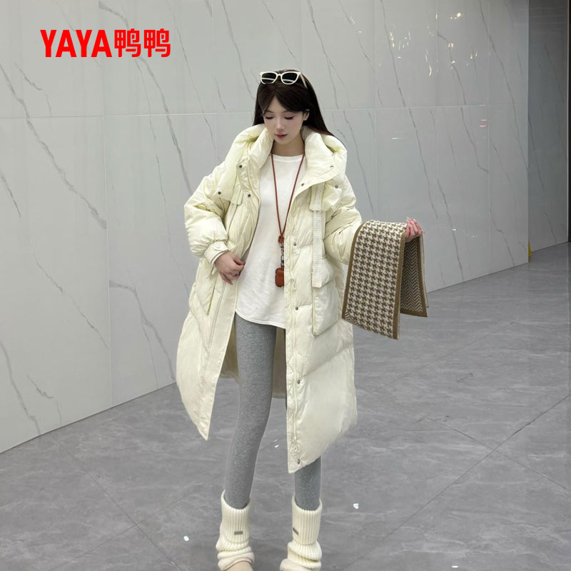 YAYA/鸭鸭中长款连帽羽绒服女2025冬季新款加厚保暖休闲外套