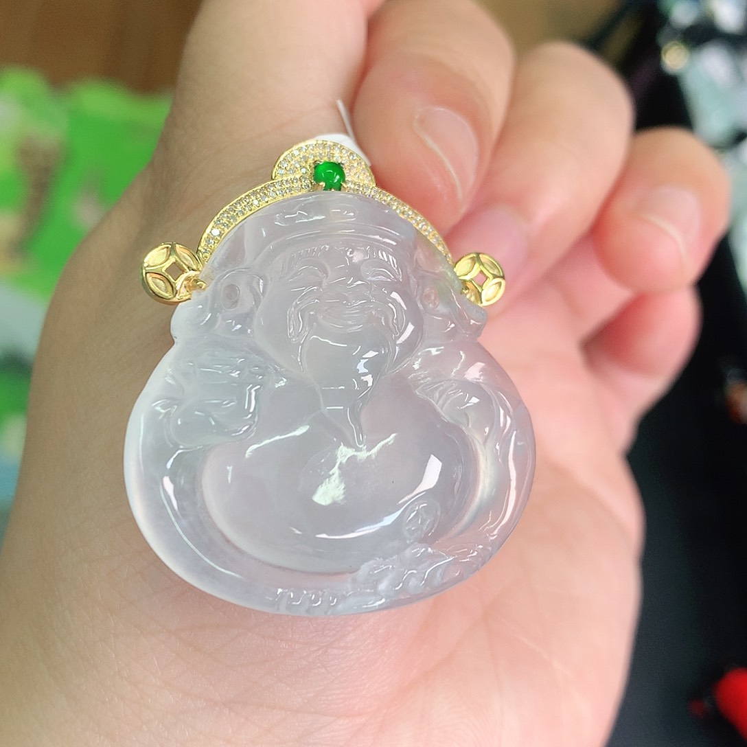 翡翠颈饰18K金镶嵌高冰透大胖财神38^34*7