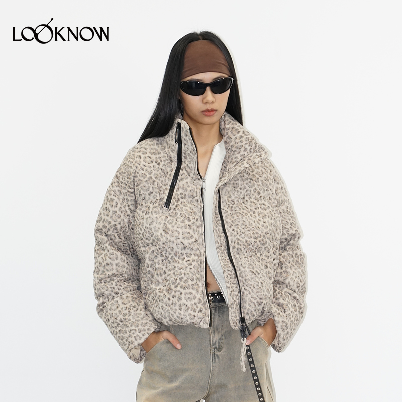 madeinormal X LOOKNOW25秋冬新品杏色豹纹灯芯绒斜拉链羽绒服