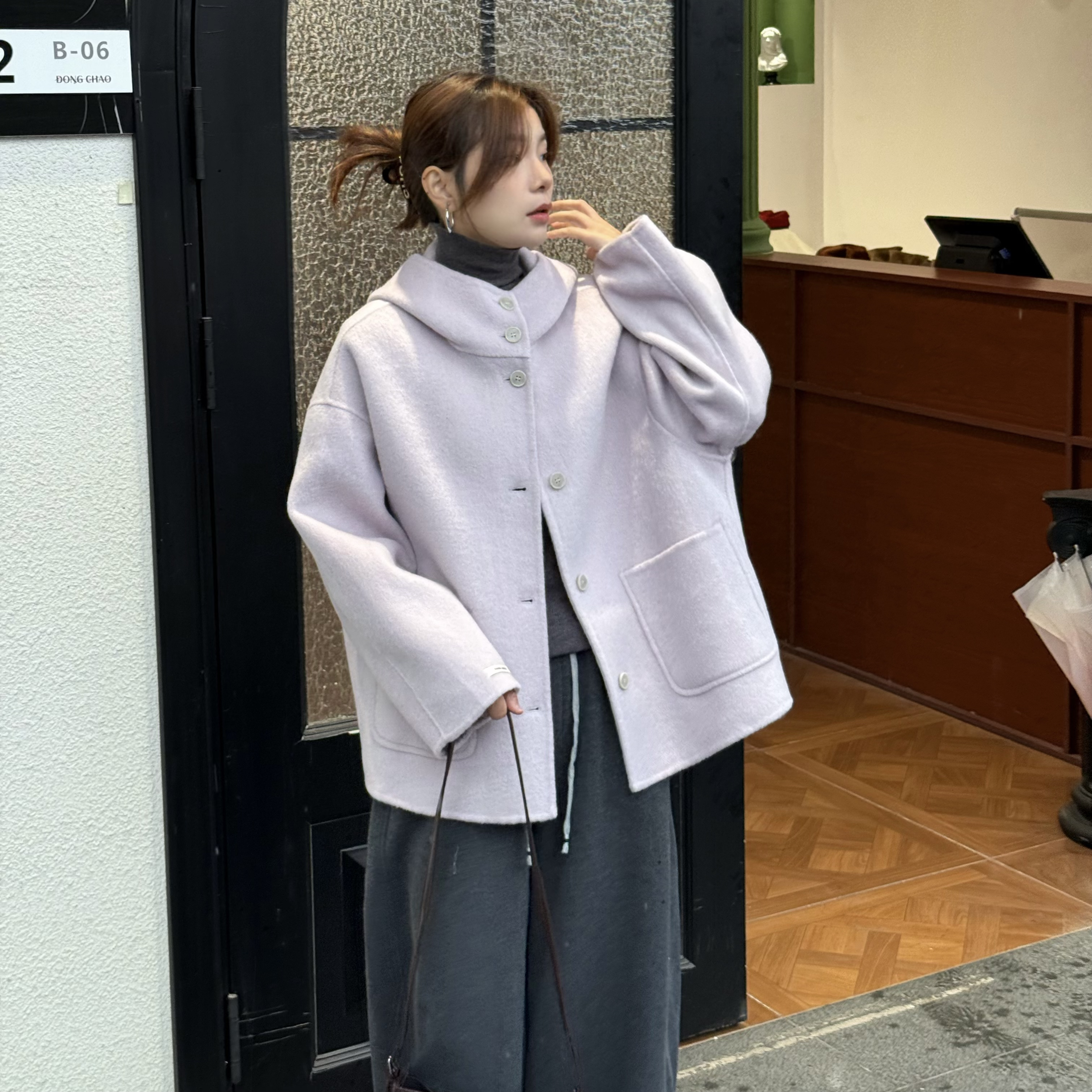 【腻腻专属】秋冬韩系中长款双面羊毛连帽大衣女时尚百搭显瘦外套