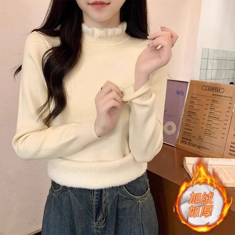 秋冬修身一体绒半高领加绒加厚内搭针织衫女高级感显瘦打底毛衣潮