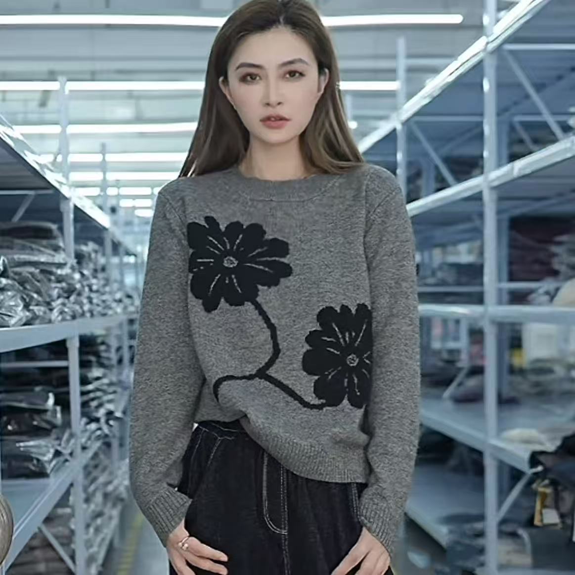2025冬季新款超好看设计感慵懒风花朵提花高级感百搭针织衫A987#