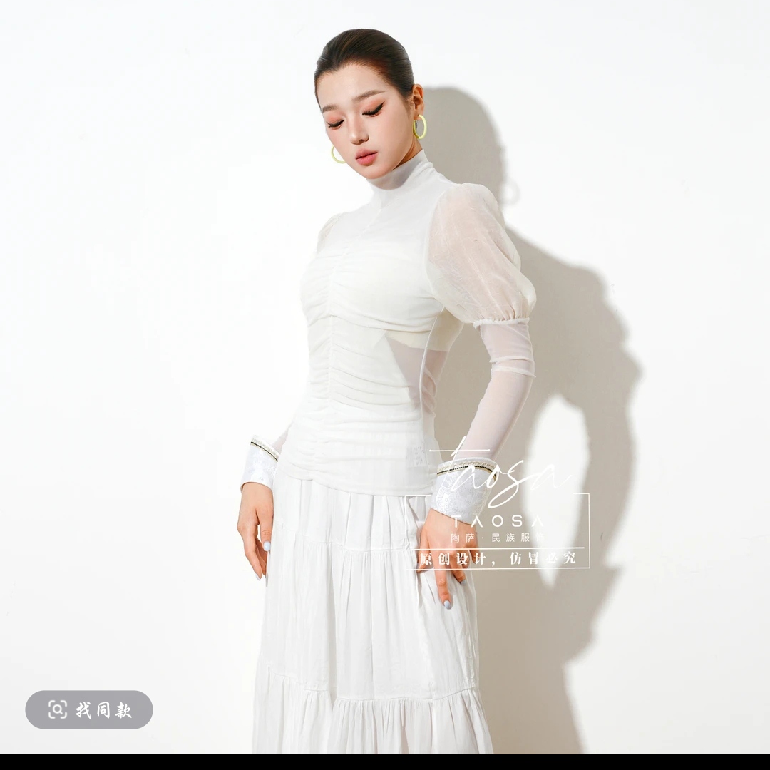 【陶萨】S051-褶皱网纱打底衫  陶萨原创轻民族服饰气质时尚百搭