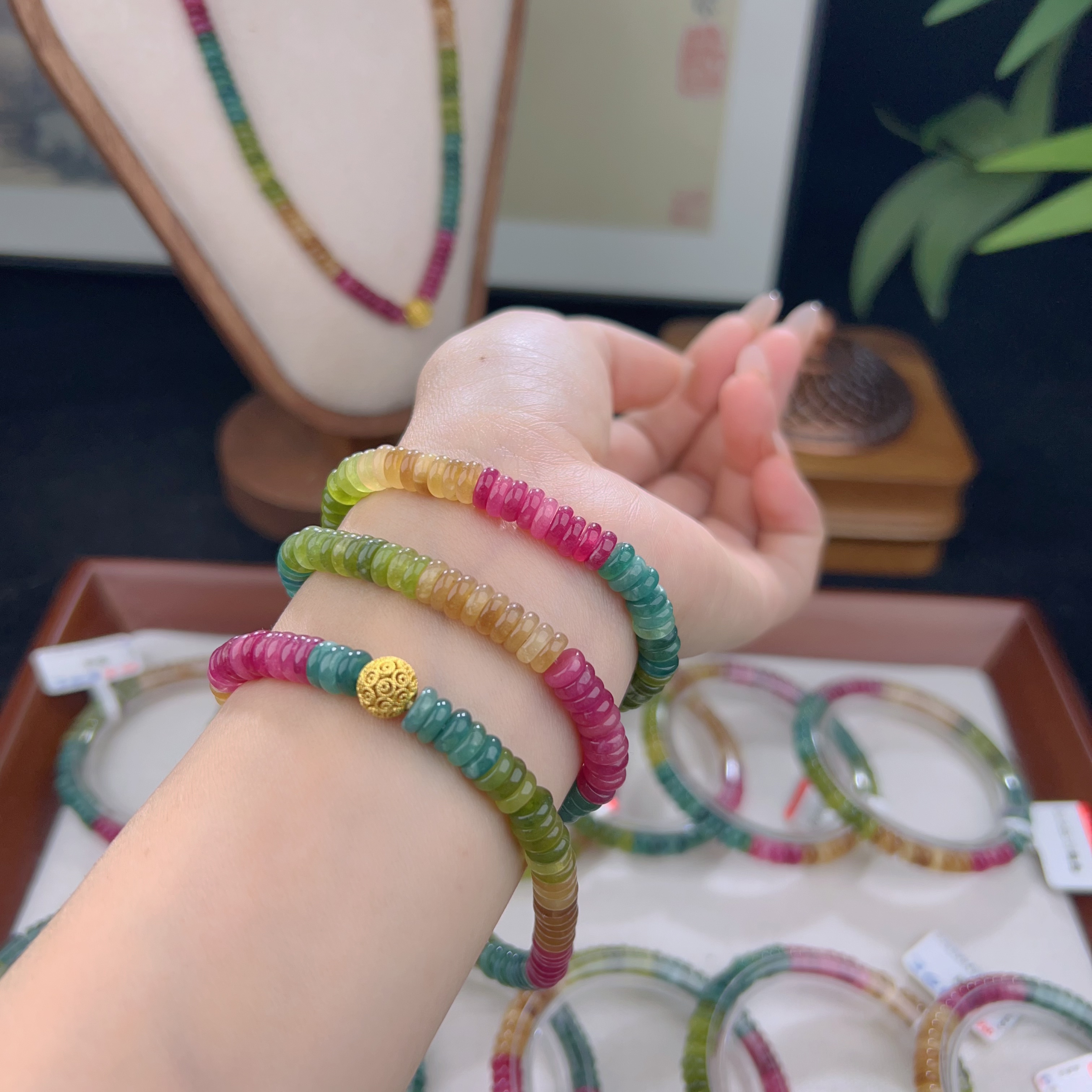 碧玺算盘珠三圈手串 6mm 多样性发