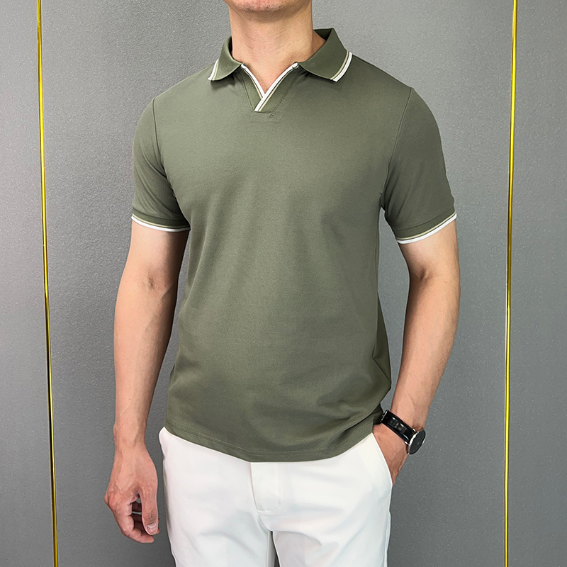 薄款小V领Polo衫时尚夏季撞色翻领轻奢透气休闲拼接珠地棉短袖T恤