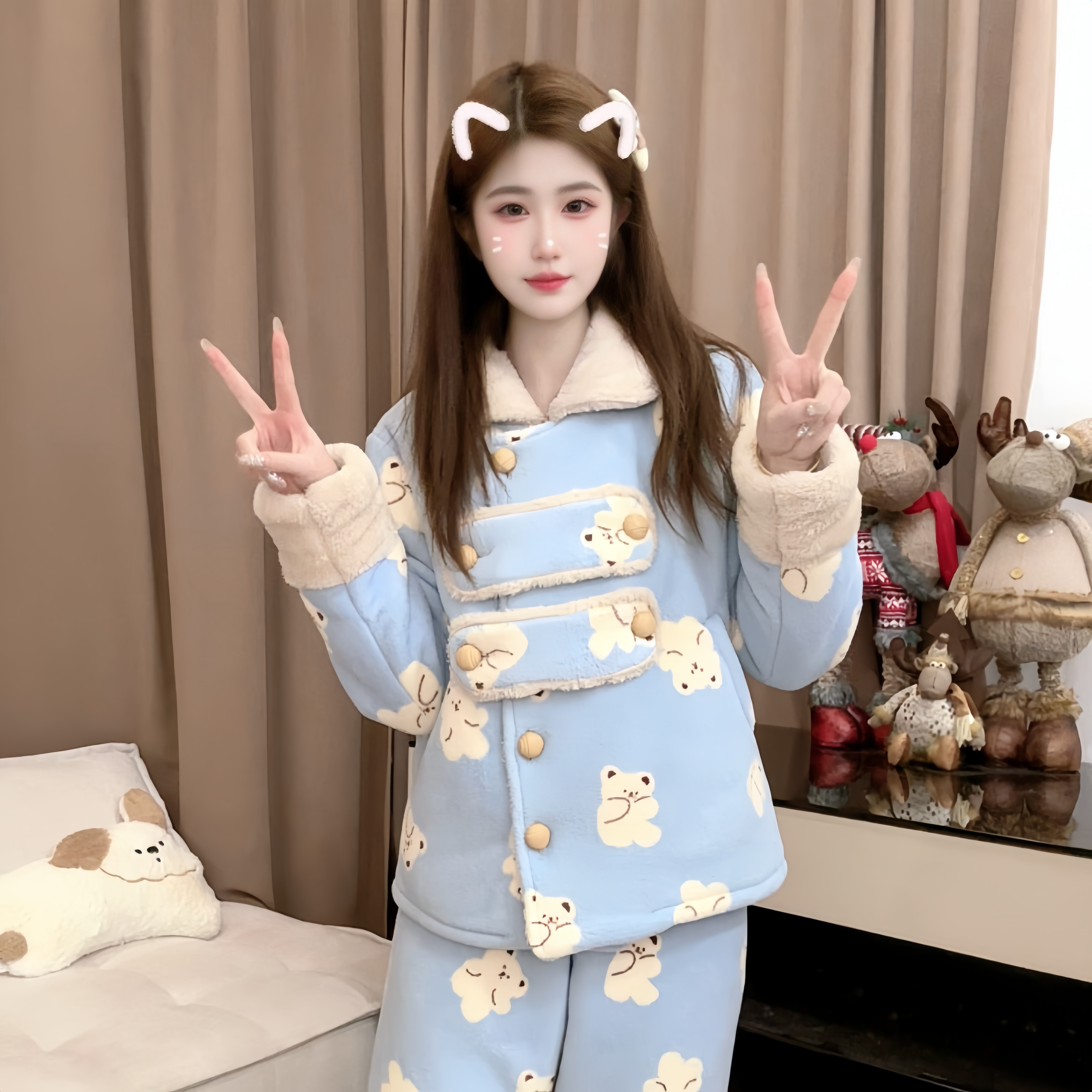 （冬日小熊)冬季加绒加厚保暖家居服睡衣休闲舒适可外穿套装