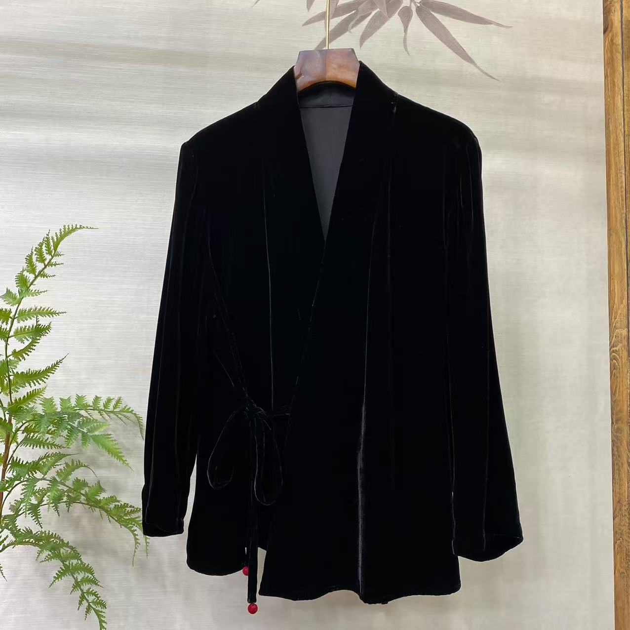 知羽.香云【俏颜】早秋新中式真丝丝绒斜襟百搭开衫外套ZY25069