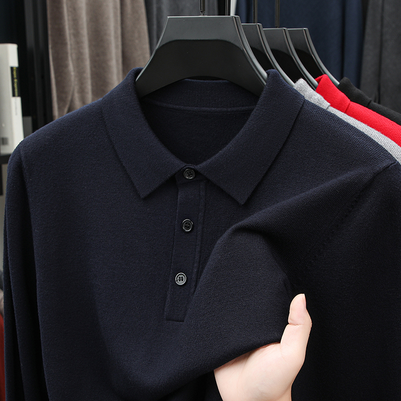 【100羊毛】翻领衫男士纯色打底衫上衣衬衫领男士保暖毛衣