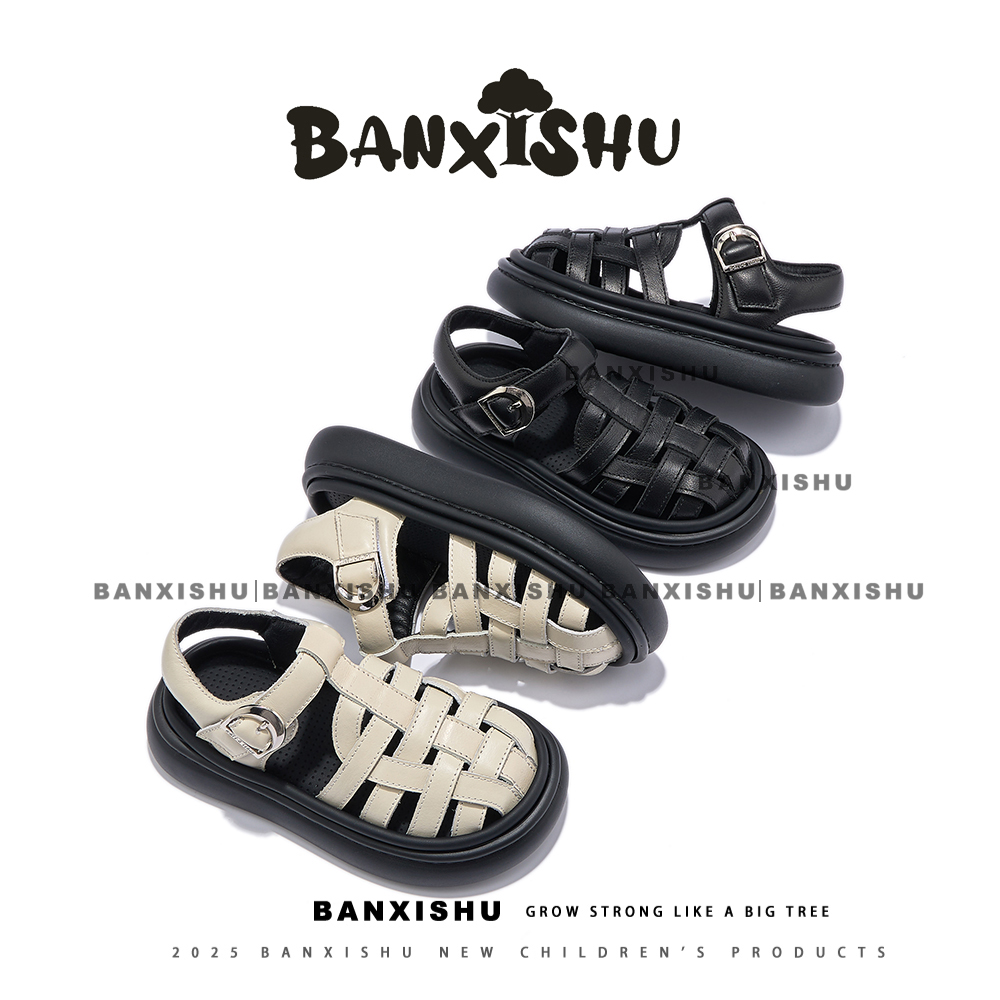 BANXISHU/班喜树童鞋2025夏季新款软底休闲女童牛皮中大童男凉鞋