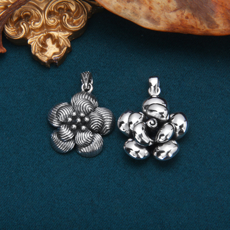 吊坠925银 s925纯银花朵吊坠女ins复古做旧条纹立体花挂坠ins