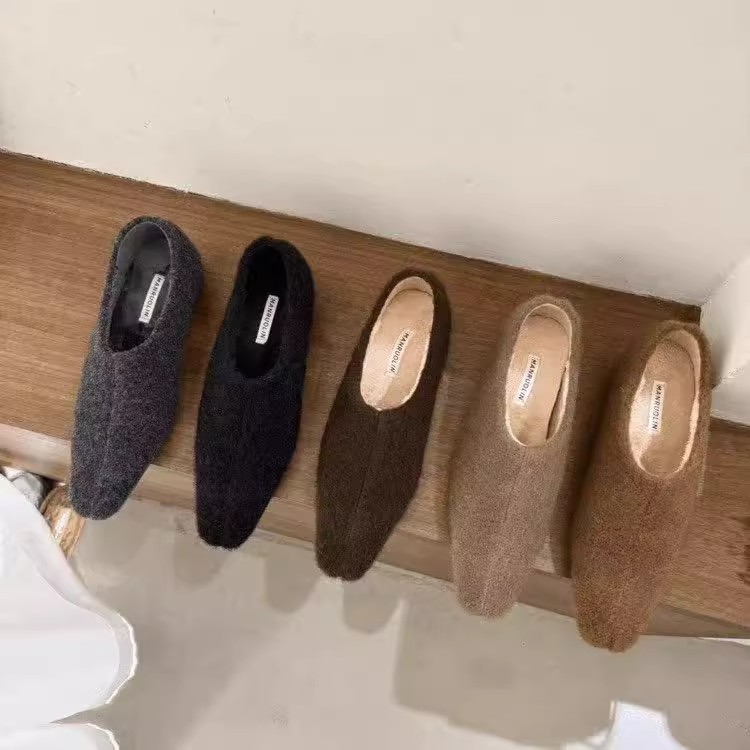 法式增高方头百搭晚晚风包头一脚蹬单鞋2025冬季新款加绒毛毛单鞋