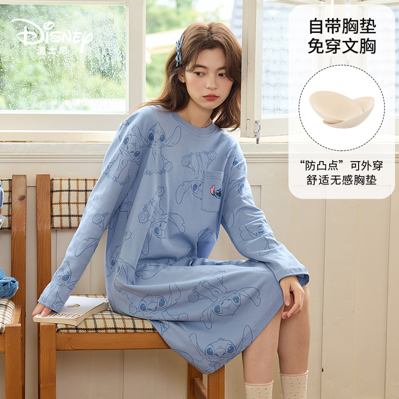 Disney/迪士尼秋季长袖睡裙纯棉带胸垫卡通动漫外穿家居服0160