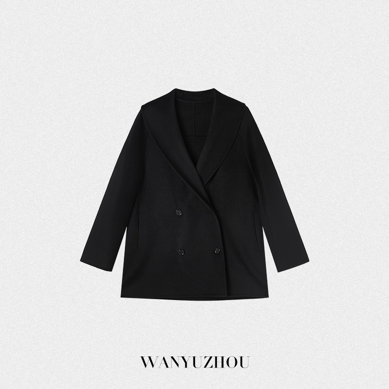 【WANYUZHOU】气质廓形通勤松弛感双排扣翻领羊毛毛呢大衣短款时尚