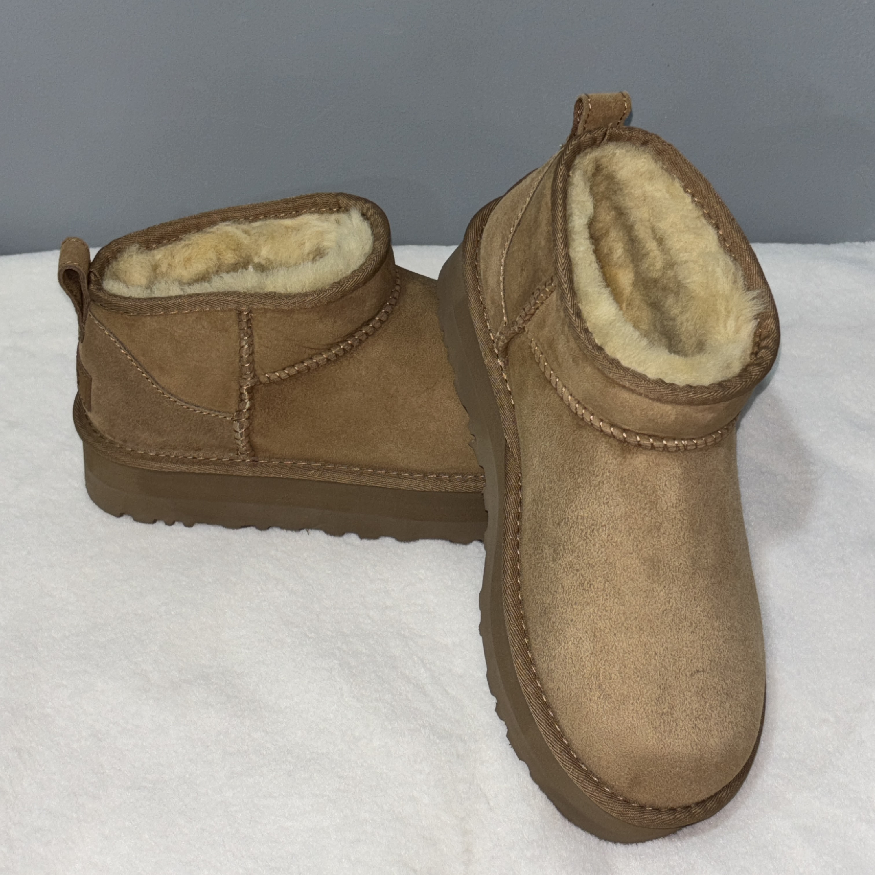 桑坡【冬雨3cm】圆头中筒保暖冬季透气雪地靴短筒羊皮毛一体