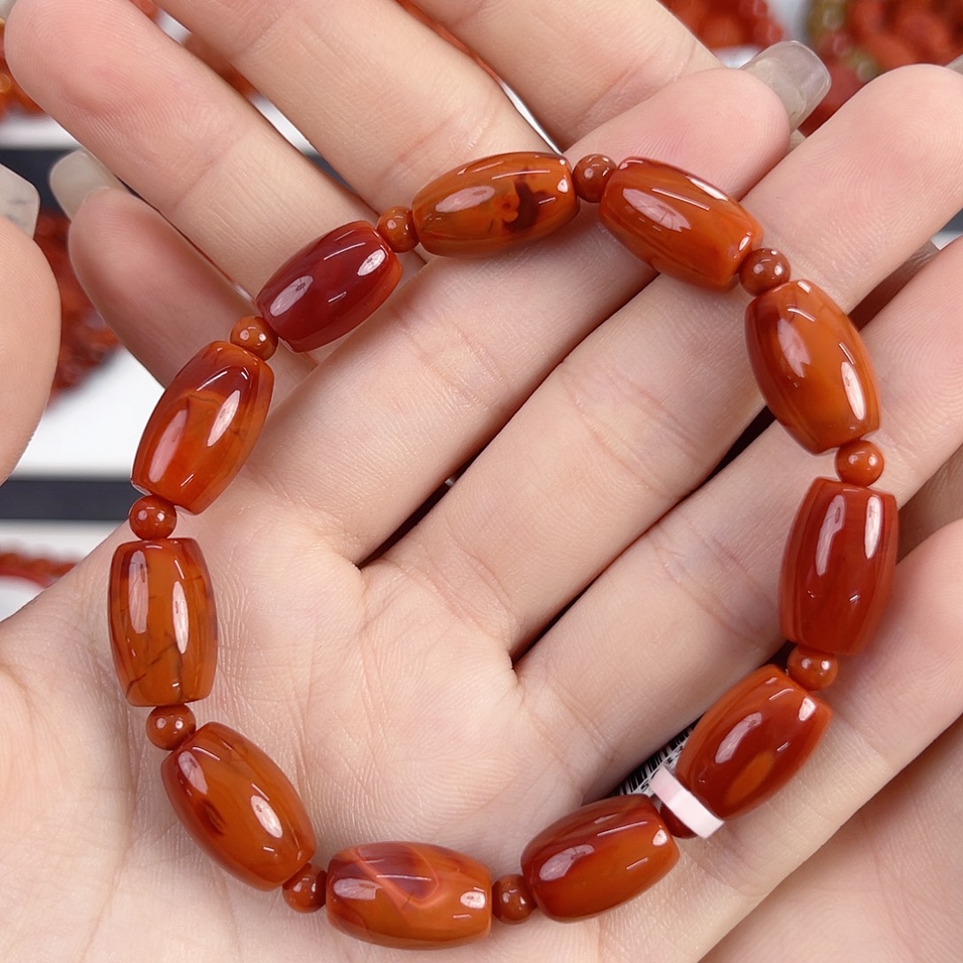 南红玛瑙未镶嵌瓦西牛血红双色桶珠手串8-9mm手串