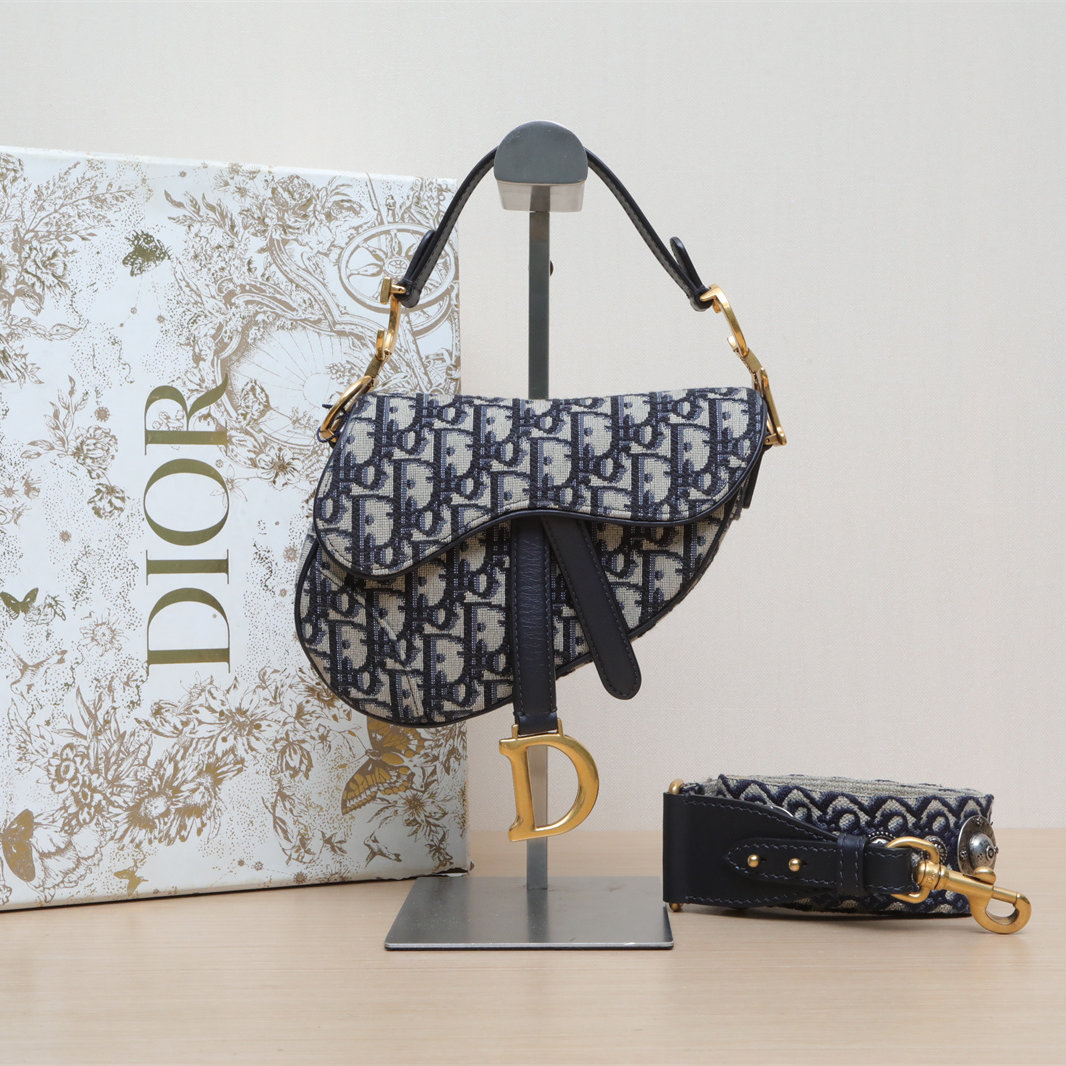 95新 DIOR/迪奥 攀攀.马鞍 小号 配肩带 墨蓝色 帆布 金扣 2019 