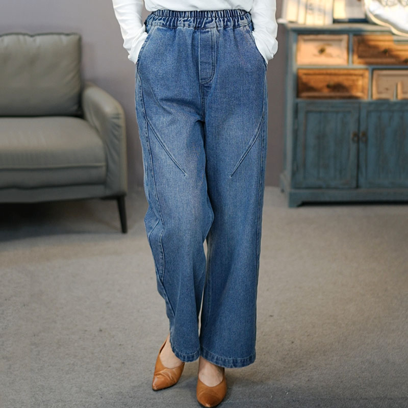 珍珍 6796蓝春款#2025春秋季复古显瘦牛仔裤松紧腰拼接时尚九分裤