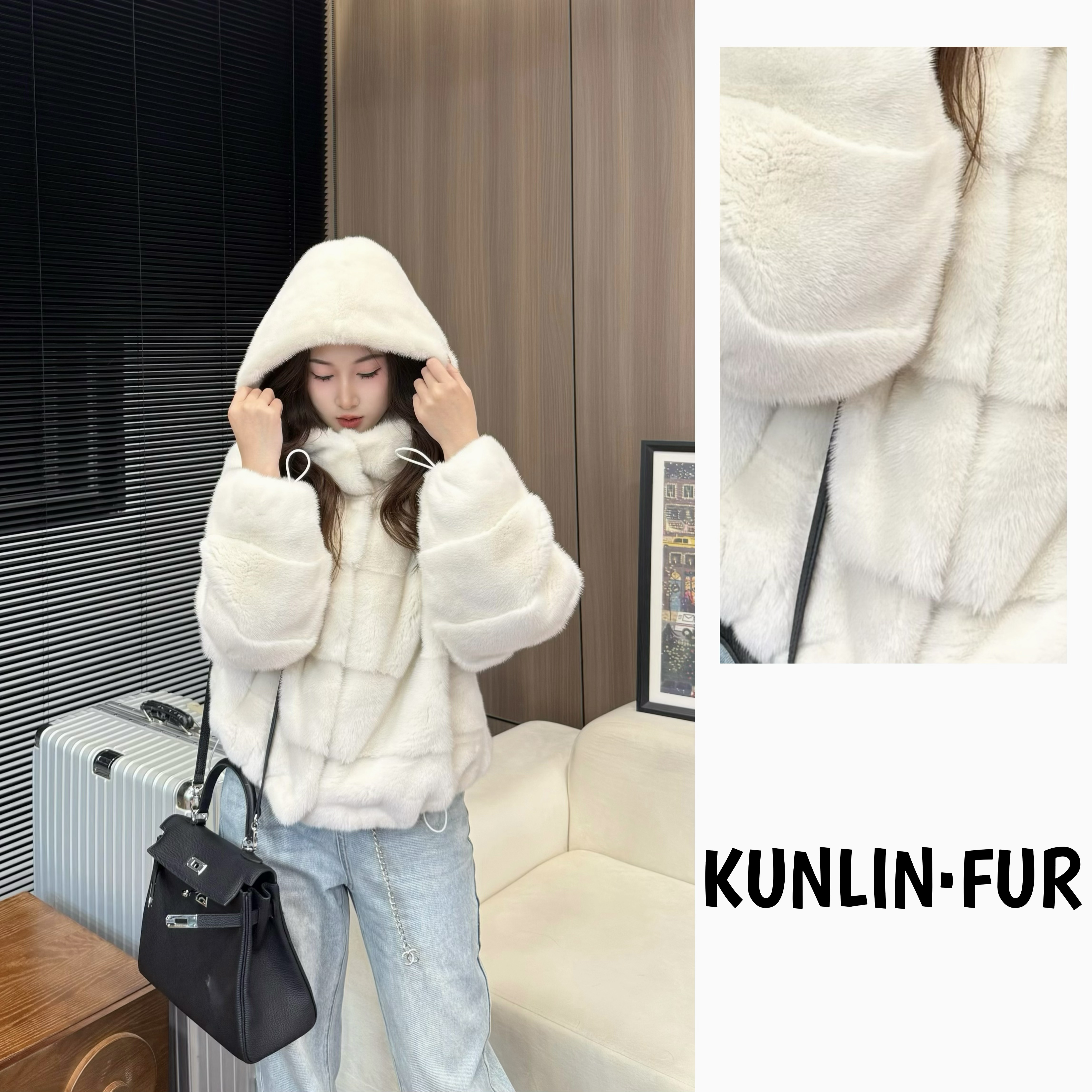 【v.v】紫金二短珍珠横排防风帽貂皮外套皮草2025