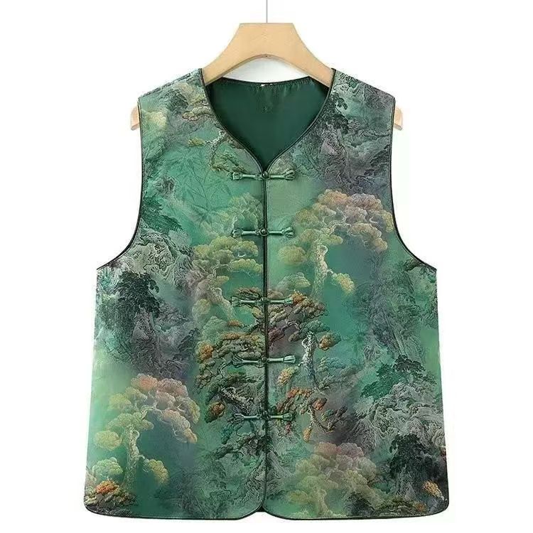 G11长寿松绿色中式国风气质马甲时尚复古印花坎肩背心盘扣女装新