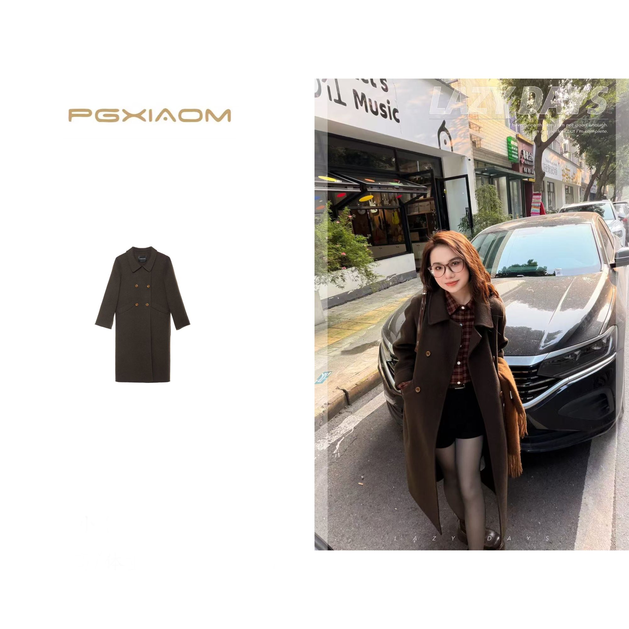  【PGXIAOM】润秀定制深绿棕色翻领羊毛大衣DY4329                