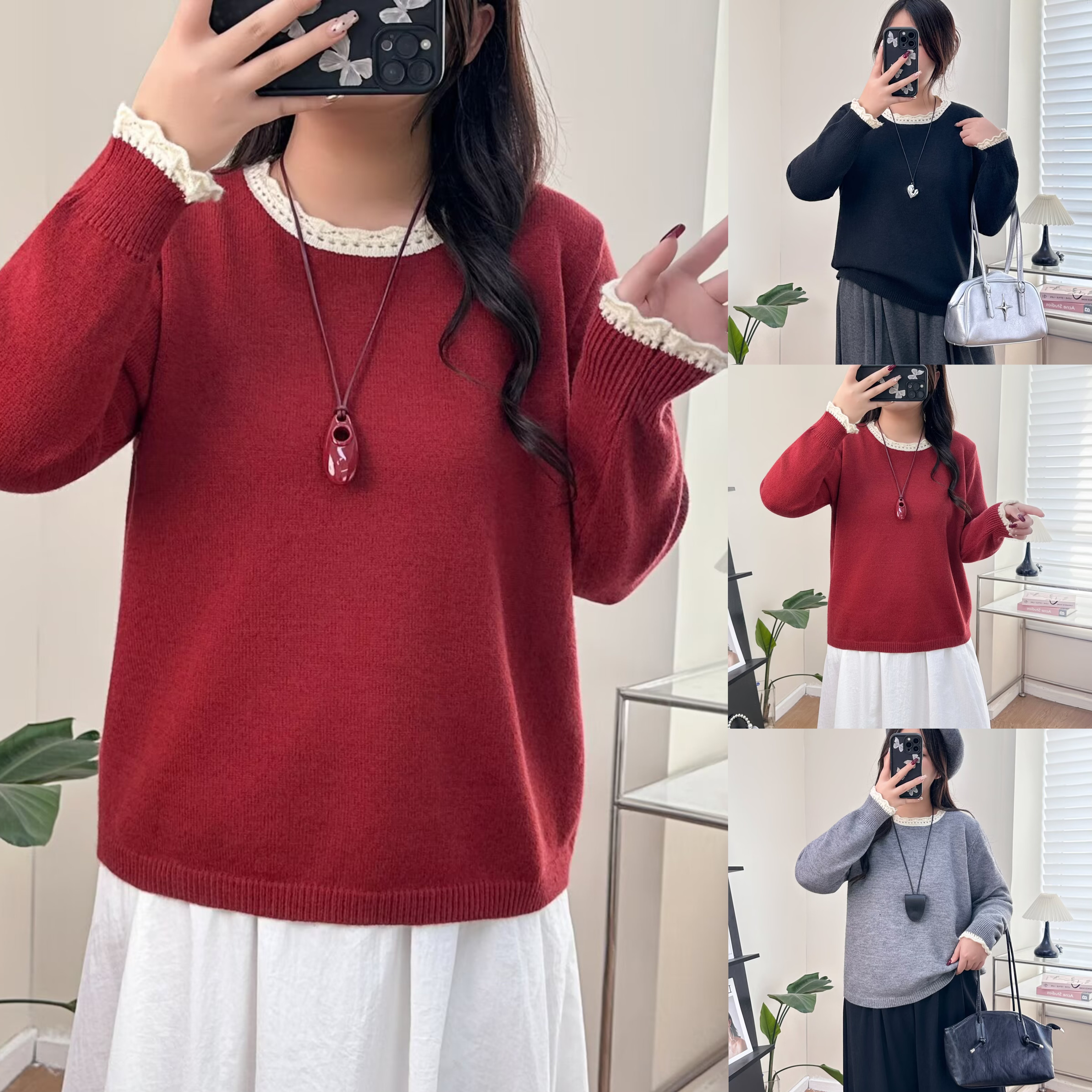 JIANAOBEN/简澳本微胖大码女装设计感花边圆领显瘦减龄针织衫毛衣