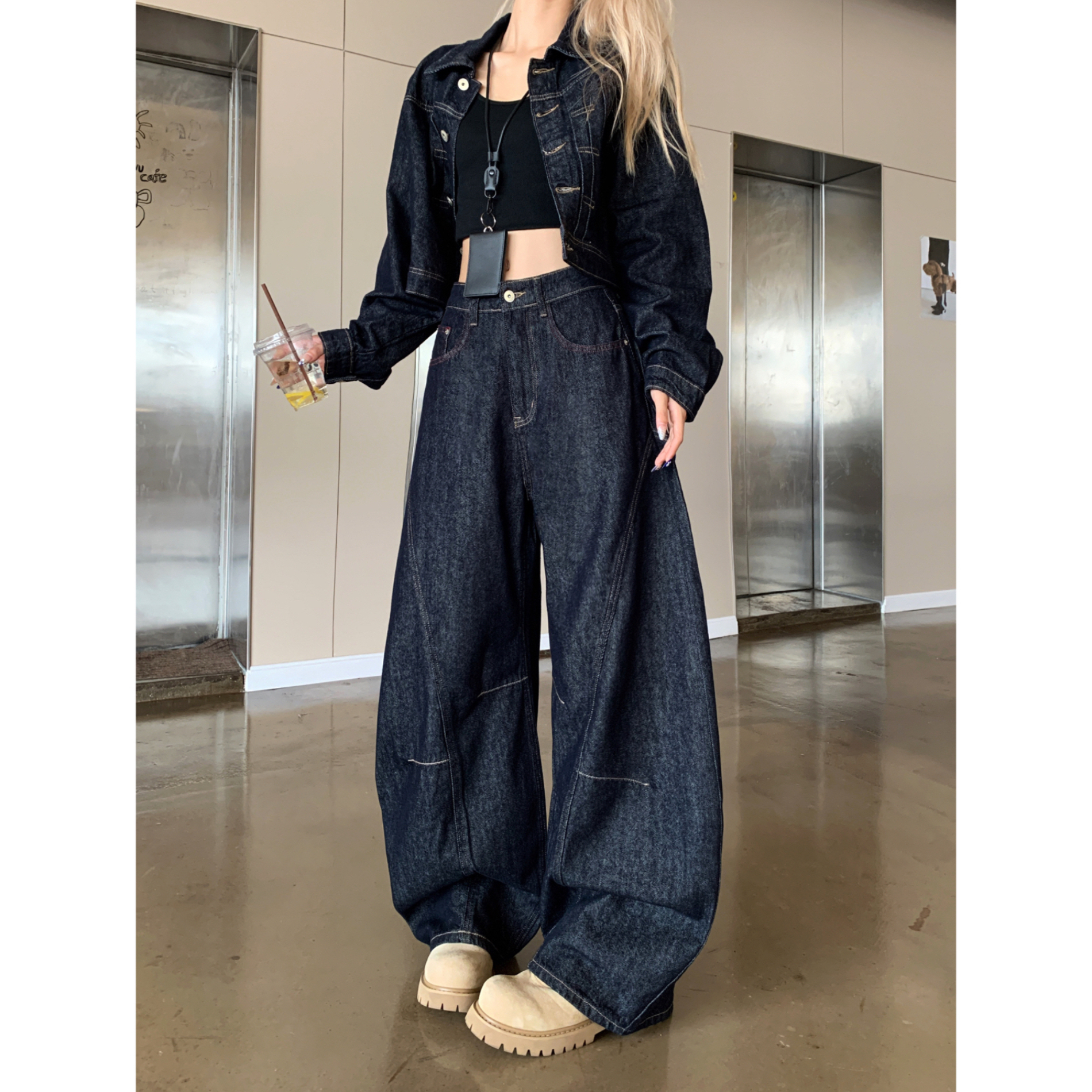 美式复古原牛仔外套男女cleanfit宽松阔腿深色弯刀牛仔裤套装潮