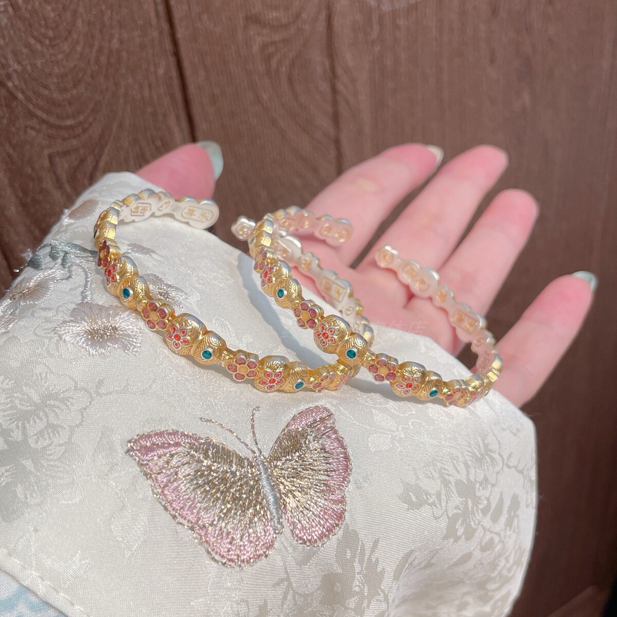 足银手镯 A56描金珐琅葫芦宝相花手镯女国风新中式设计高级七夕节