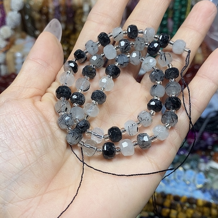 玛瑙/玉髓未镶嵌珠宝半成品天然黑发晶切面车轮卡7.5mm