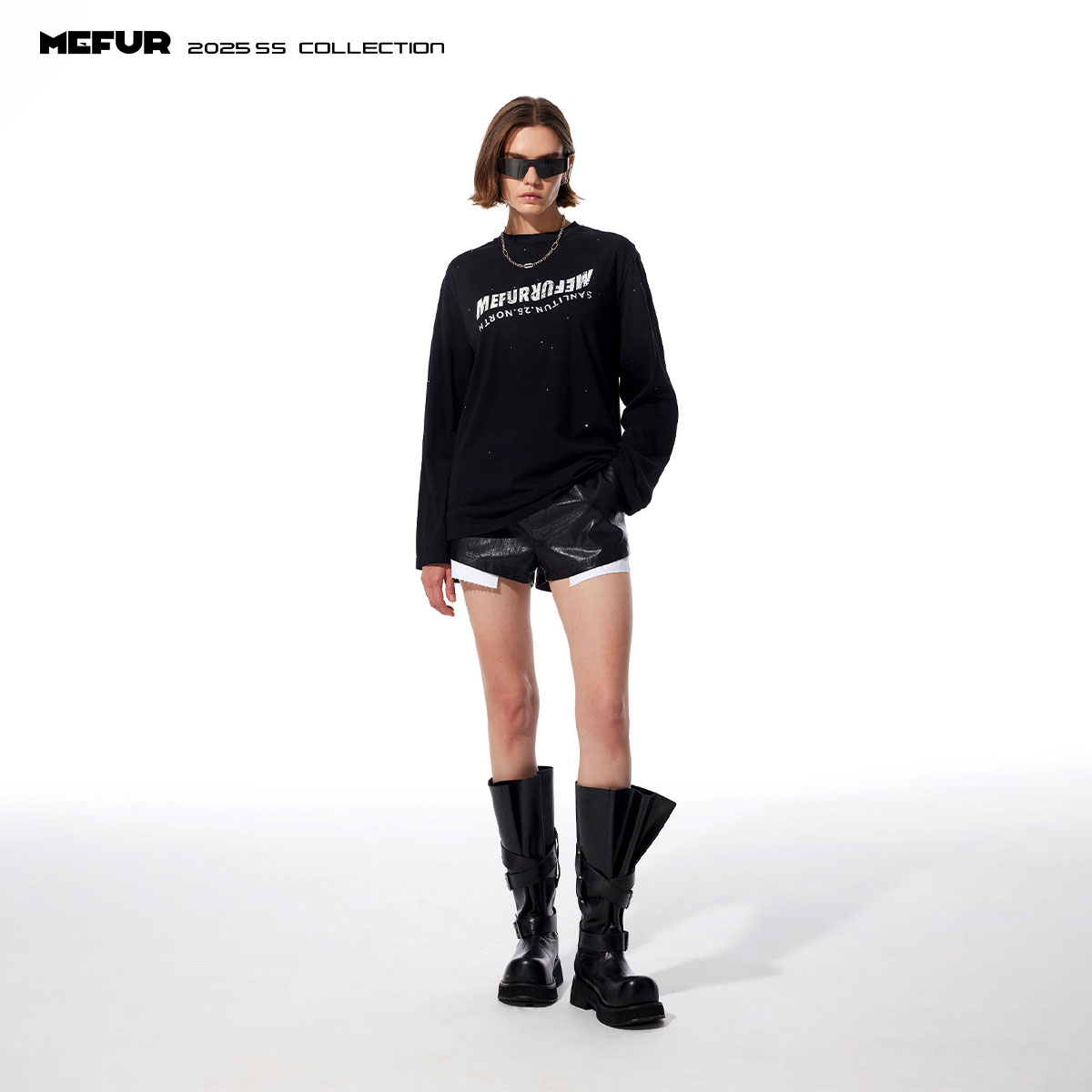 MEFUR烫钻印花长袖T恤2025春夏新款宽松休闲慵懒时尚纯棉喷色上衣