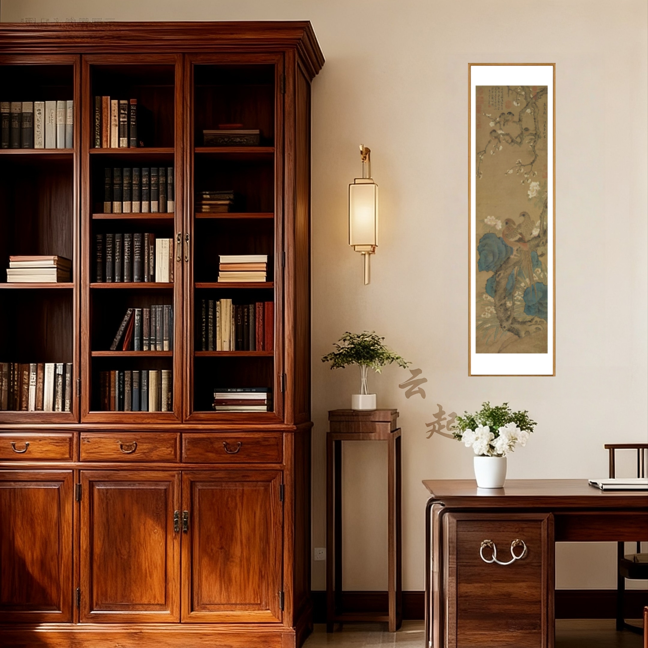 新中式宋式花鸟图春喜图竖条屏实木框玄关客厅书房茶室装饰挂画