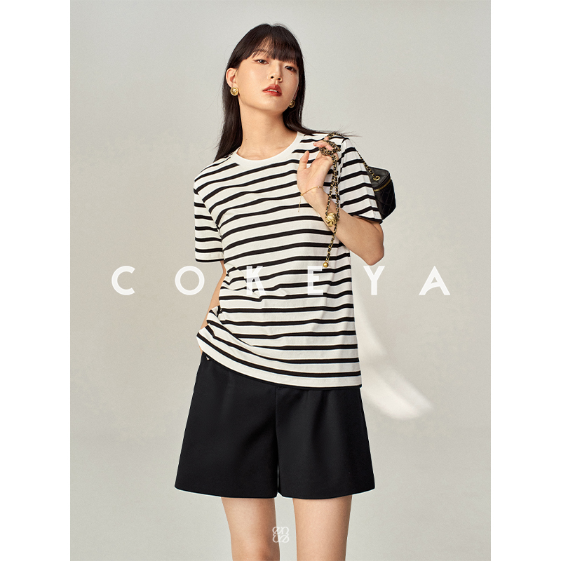 COKEYA/经典海魂衫~百搭舒适高支匹马棉条纹圆领直筒宽松T恤短袖