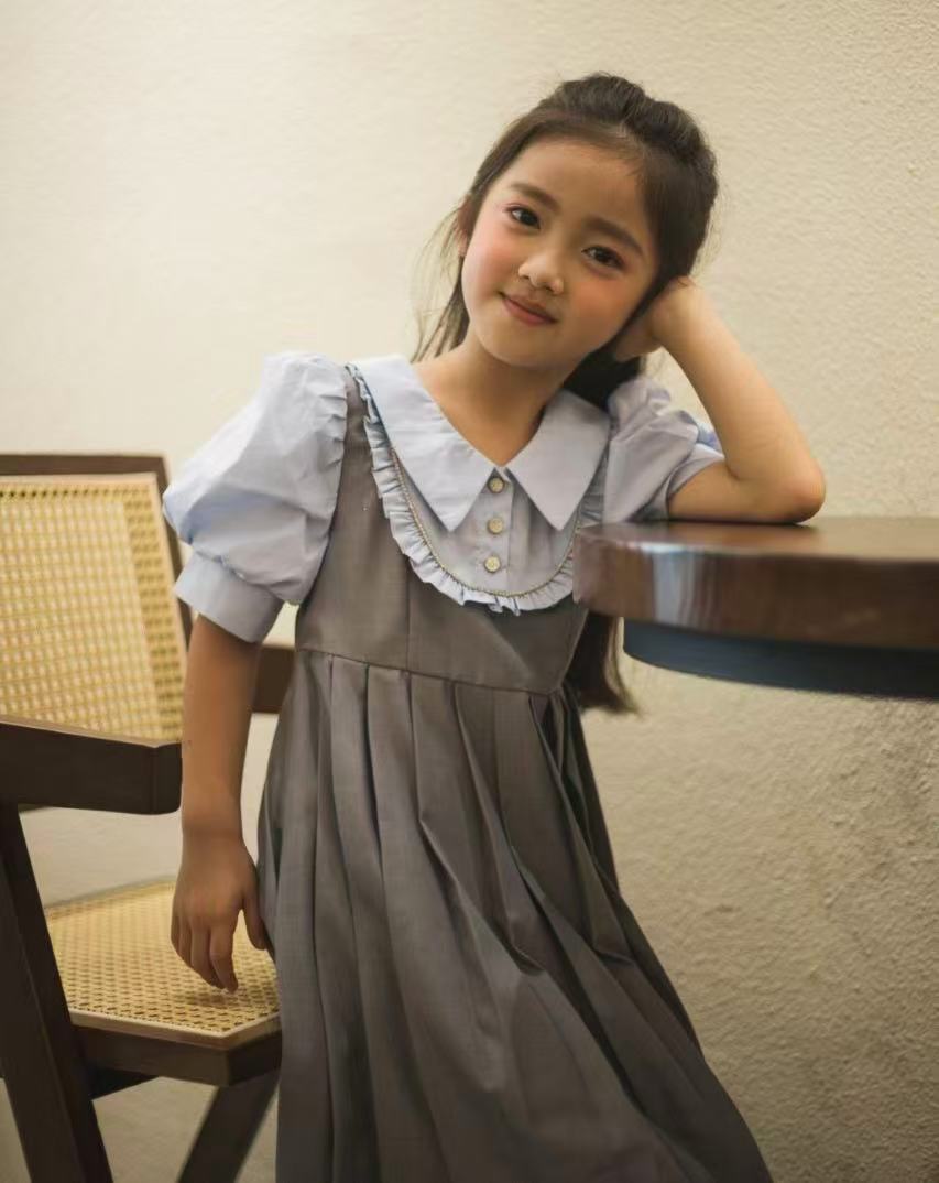 单排扣女夏季学院风学院娃娃领连衣裙