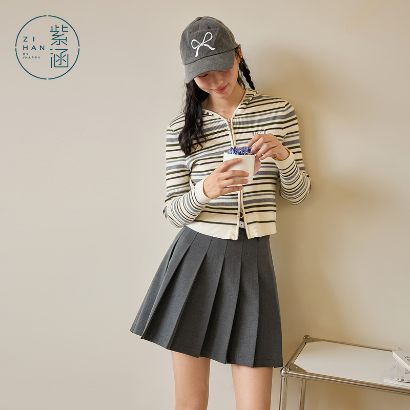 《王雪糕专属》紫涵撞色条纹双拉链针织衫女2025年春季Z5Z01BS245